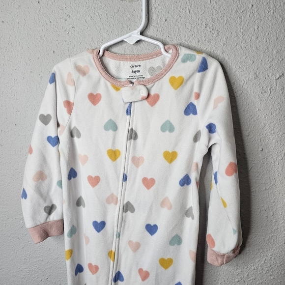 Carter's Footed Pajama Toddler 4T White Pink Heart Zip Up Long Sleeve Clean Girl - Picture 2 of 11